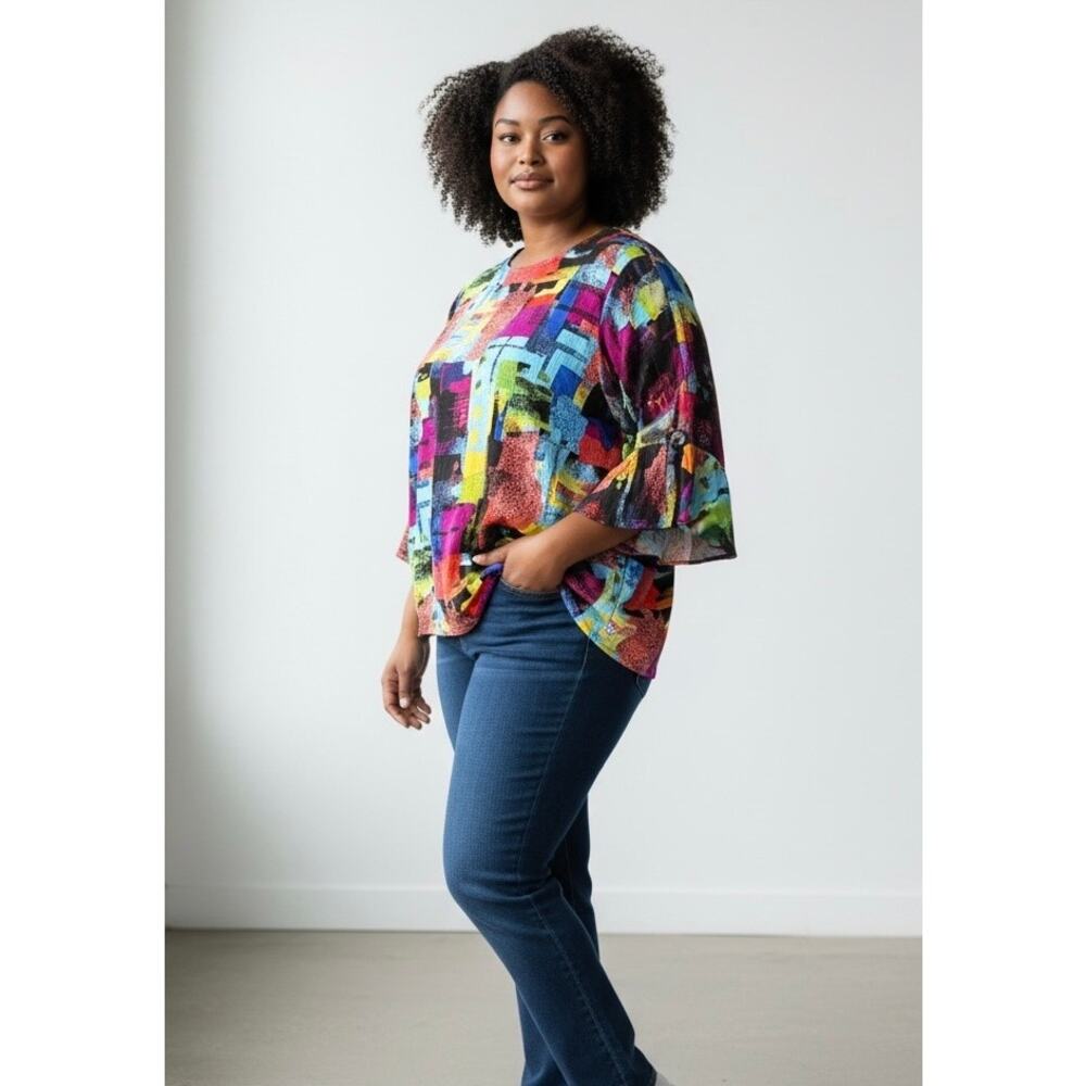 Ali Miles Abstract Print Colorful Blouse Top Women's 3X Flare Sleeve Artsy
